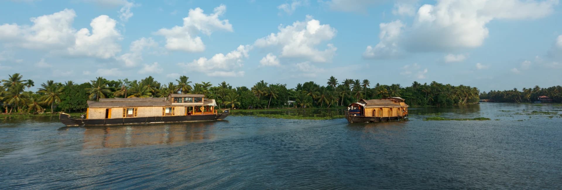 Kerala backwaters houseboat cruising past palm-lined shores — KindQuest Travel holiday and tour packages